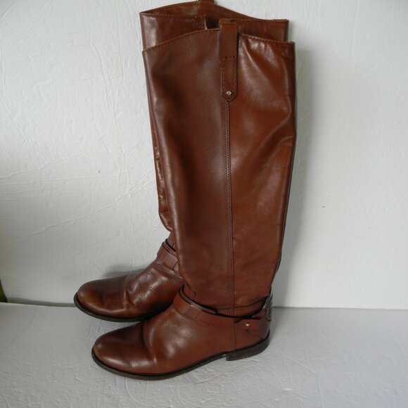 TORY BURCH DERBY TAN BROWN LEATHER RIDING BOOTS LOGO SZ 8M - Picture 1 of 8